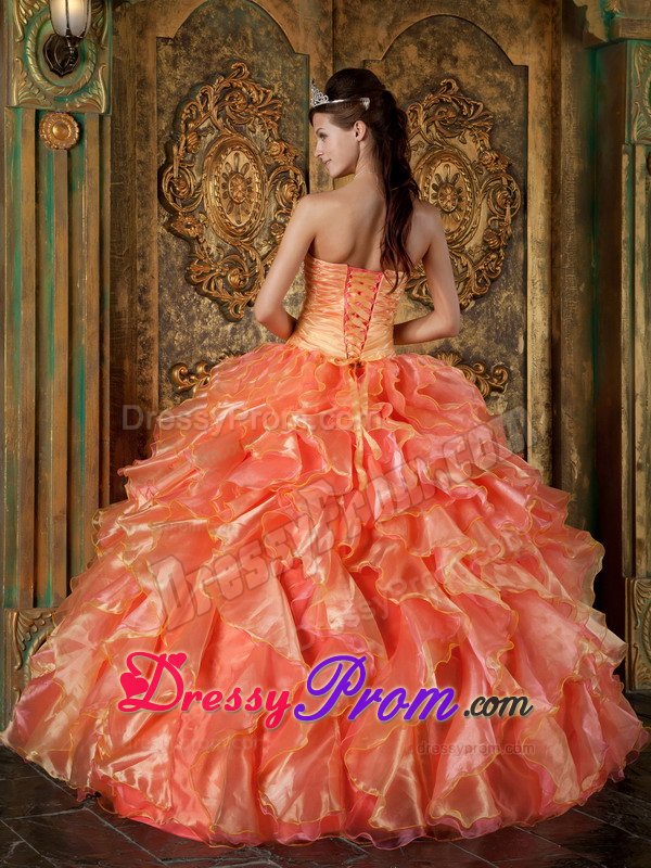 Orange and Watermelon Organza Beaded Ruffled Sweet Sixteen Dress