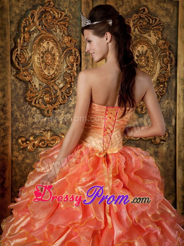 Orange and Watermelon Organza Beaded Ruffled Sweet Sixteen Dress