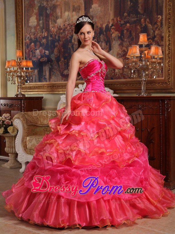 Beaded and Ruffled Organza Sweet Sixteen Dresses in Hot Pink