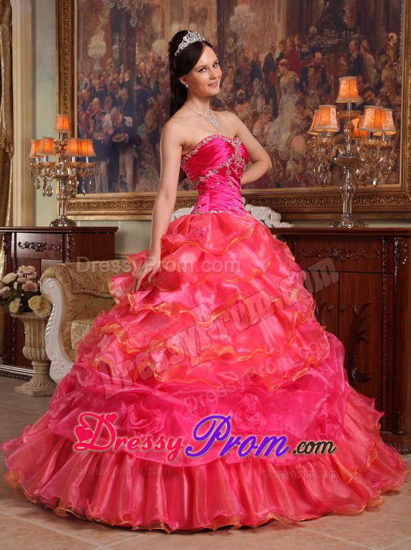 Beaded and Ruffled Organza Sweet Sixteen Dresses in Hot Pink