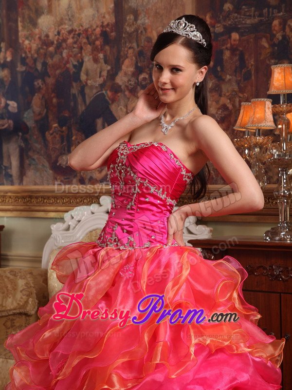 Beaded and Ruffled Organza Sweet Sixteen Dresses in Hot Pink