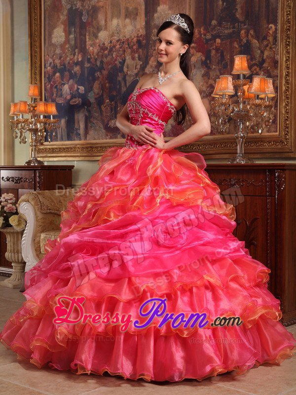 Beaded and Ruffled Organza Sweet Sixteen Dresses in Hot Pink