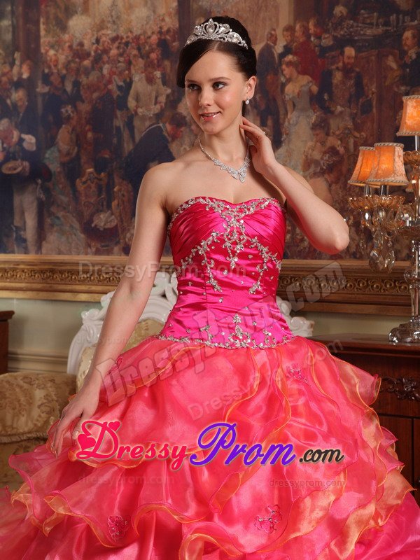 Beaded and Ruffled Organza Sweet Sixteen Dresses in Hot Pink