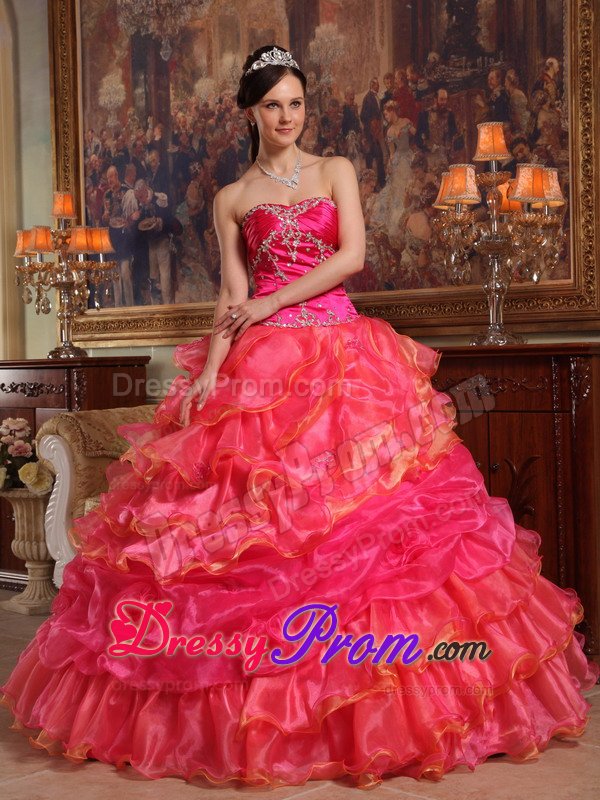 Beaded and Ruffled Organza Sweet Sixteen Dresses in Hot Pink