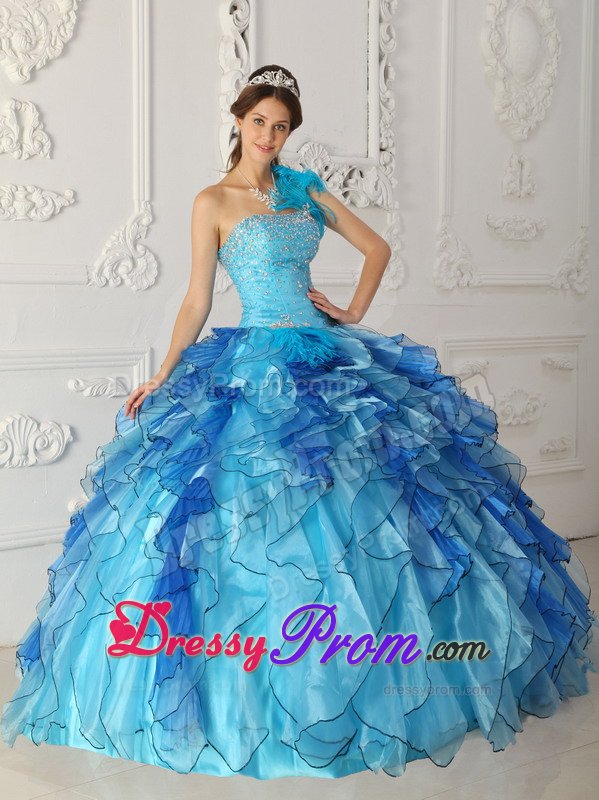 Blue One Shoulder Sweet 15 Dresses with Beading and Ruffles