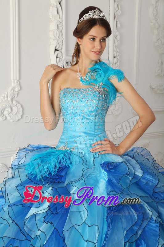 Blue One Shoulder Sweet 15 Dresses with Beading and Ruffles