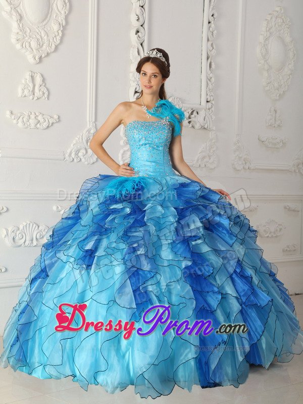 Blue One Shoulder Sweet 15 Dresses with Beading and Ruffles