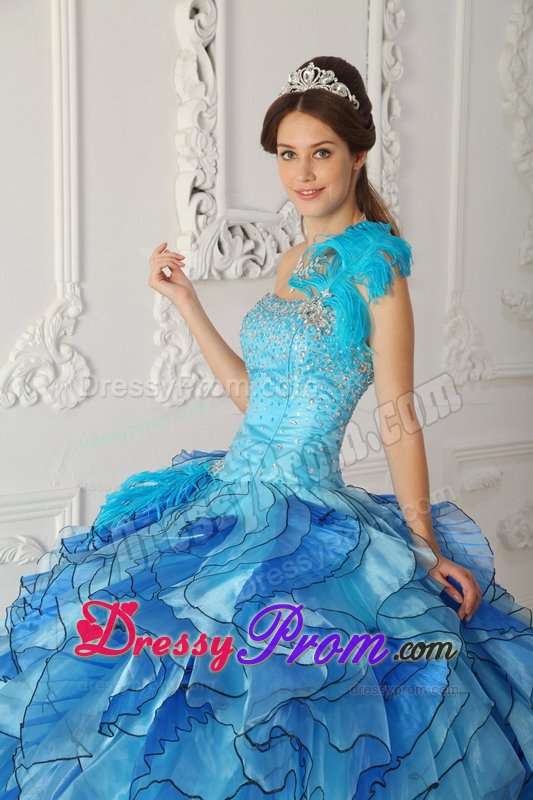 Blue One Shoulder Sweet 15 Dresses with Beading and Ruffles