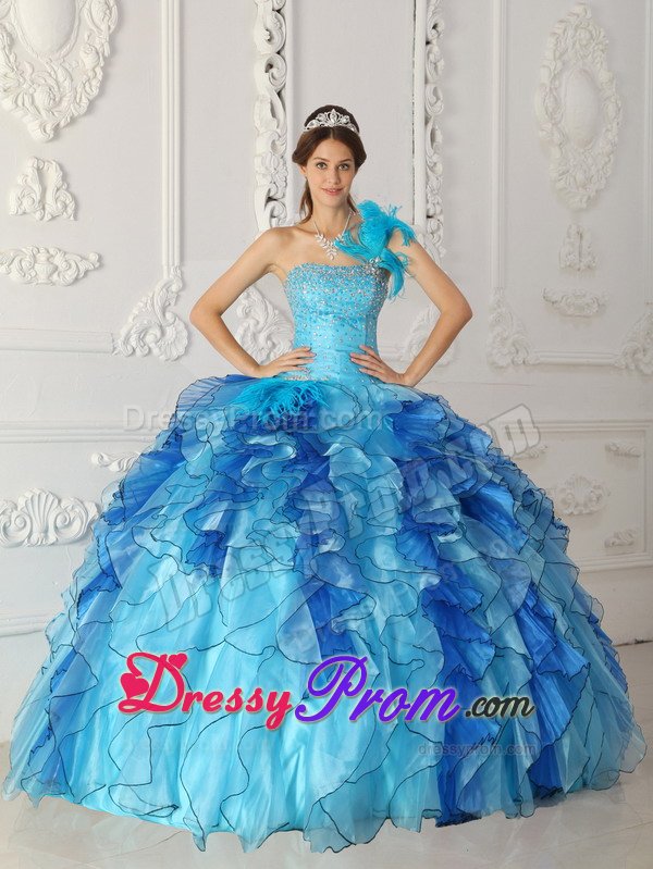 Blue One Shoulder Sweet 15 Dresses with Beading and Ruffles