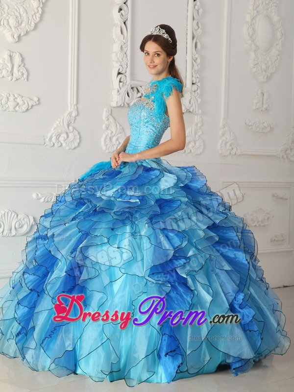 Blue One Shoulder Sweet 15 Dresses with Beading and Ruffles