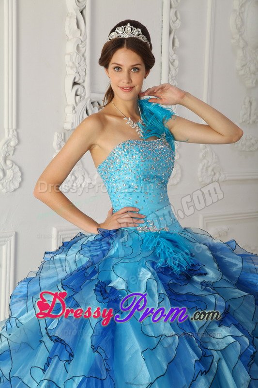 Blue One Shoulder Sweet 15 Dresses with Beading and Ruffles