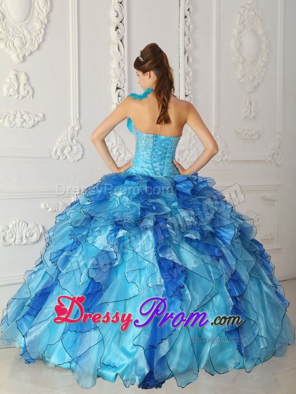 Blue One Shoulder Sweet 15 Dresses with Beading and Ruffles