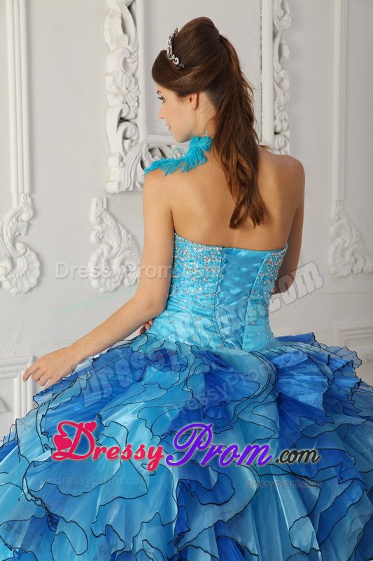 Blue One Shoulder Sweet 15 Dresses with Beading and Ruffles