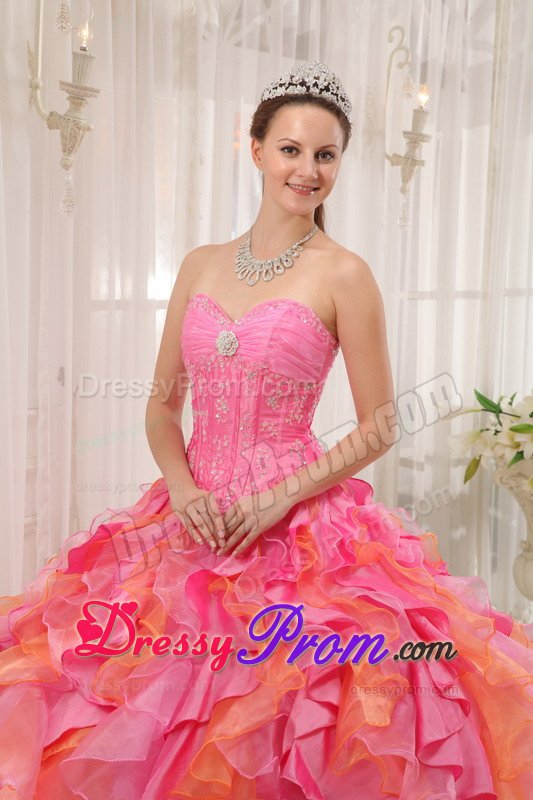 Beaded and Ruffled Organza Sweet 15 Dresses in Rose Pink and Orange