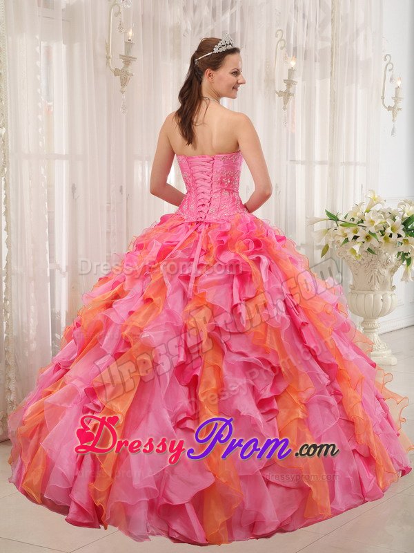 Beaded and Ruffled Organza Sweet 15 Dresses in Rose Pink and Orange