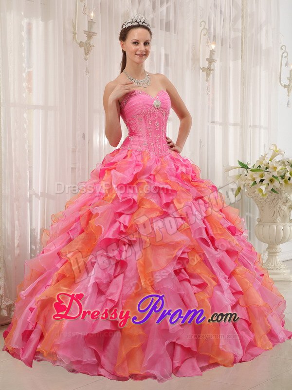 Beaded and Ruffled Organza Sweet 15 Dresses in Rose Pink and Orange