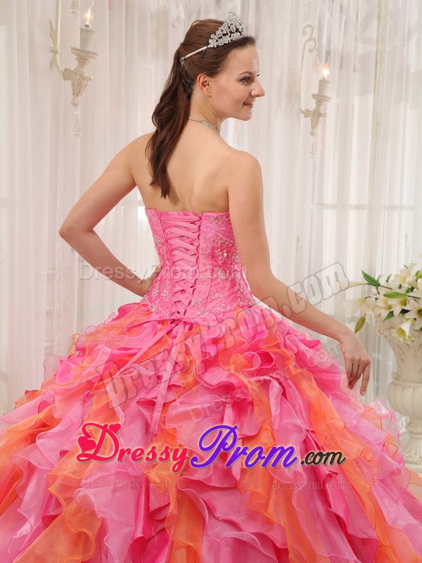 Beaded and Ruffled Organza Sweet 15 Dresses in Rose Pink and Orange