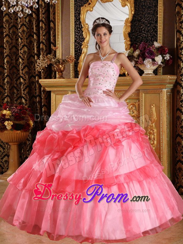 Pink and Watermelon One Shoulder Sweet 15 Dresses with Appliques