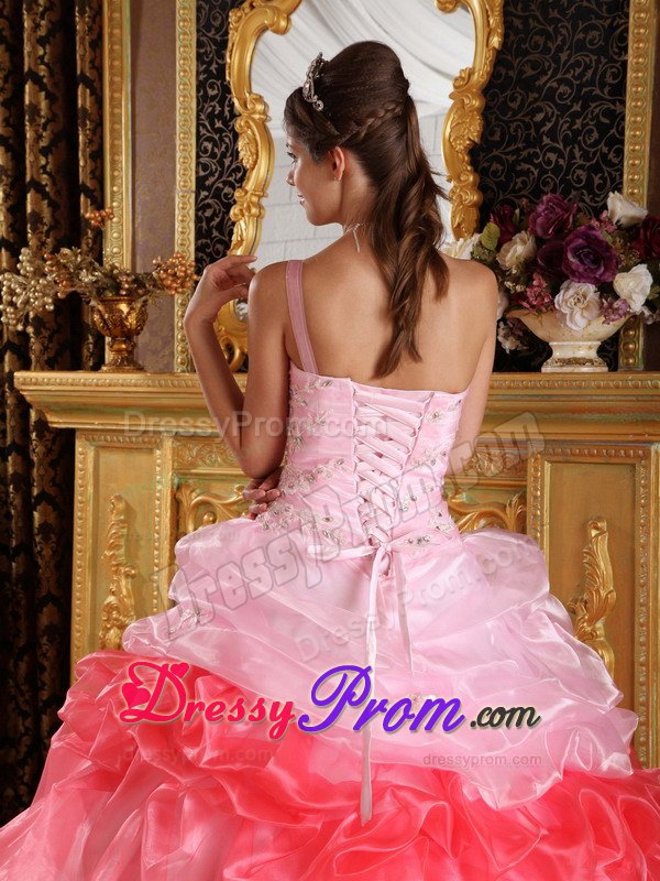 Pink and Watermelon One Shoulder Sweet 15 Dresses with Appliques
