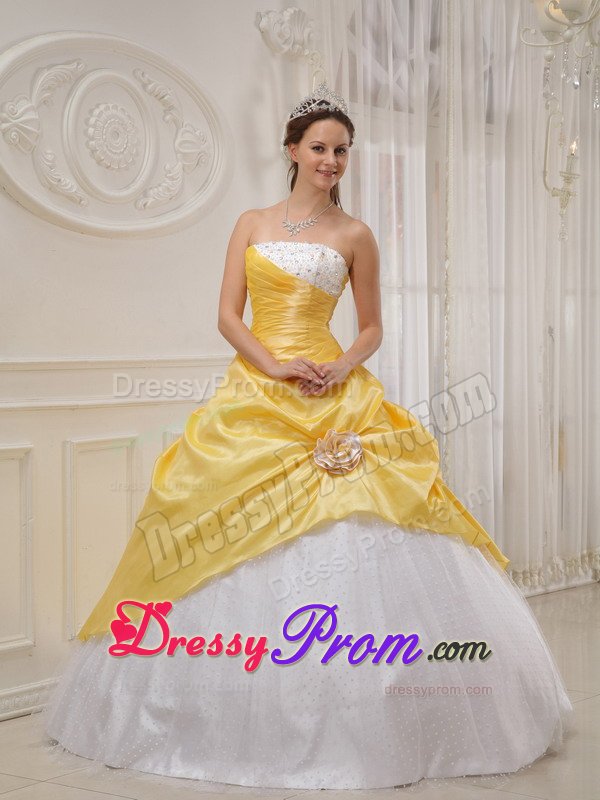 San Ramon CA Beaded White and Yellow Sweet 15 Dresses with Flower
