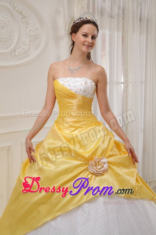 San Ramon CA Beaded White and Yellow Sweet 15 Dresses with Flower