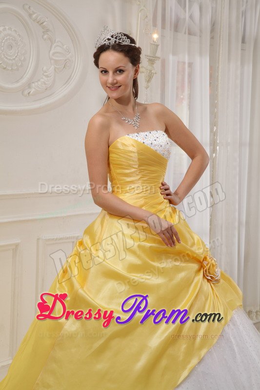 San Ramon CA Beaded White and Yellow Sweet 15 Dresses with Flower