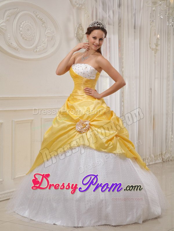 San Ramon CA Beaded White and Yellow Sweet 15 Dresses with Flower