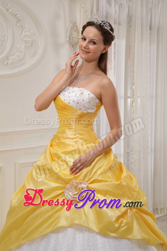 San Ramon CA Beaded White and Yellow Sweet 15 Dresses with Flower