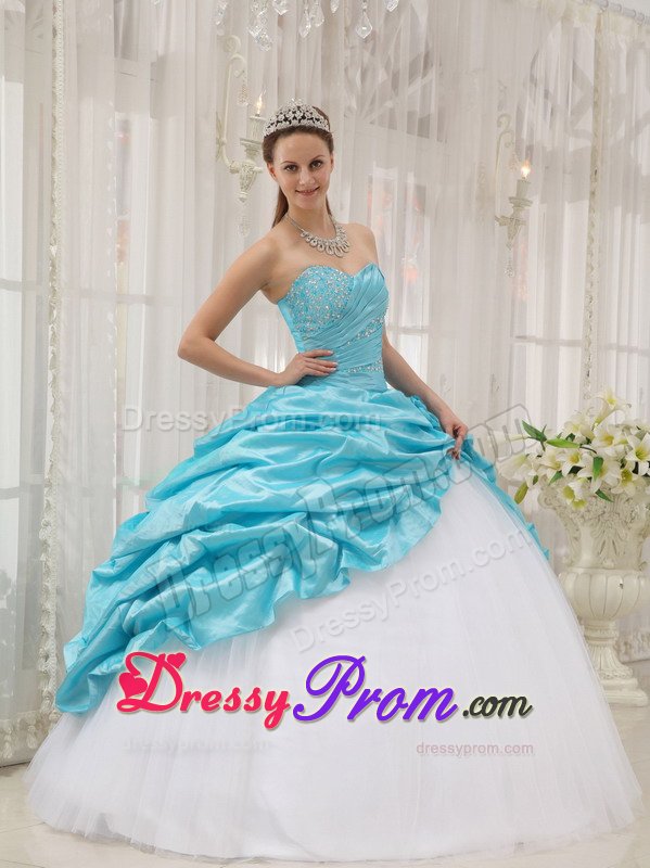 Beading and Pick ups Accent Sweet 15 Dresses in White and Aqua Blue