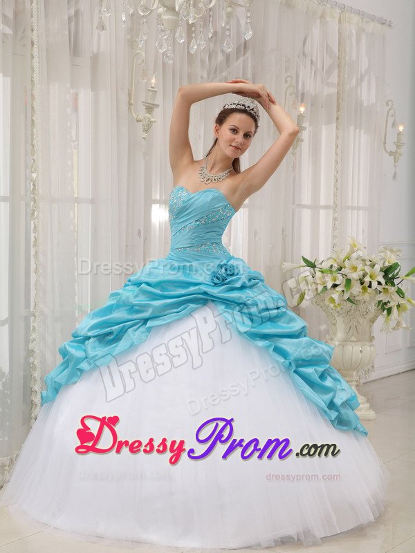 Beading and Pick ups Accent Sweet 15 Dresses in White and Aqua Blue