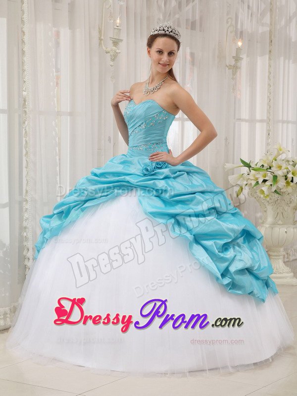 Beading and Pick ups Accent Sweet 15 Dresses in White and Aqua Blue