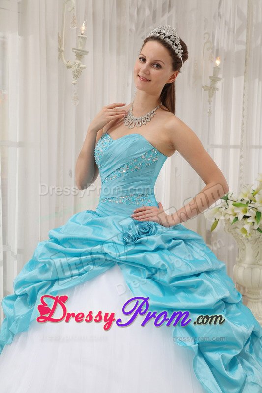 Beading and Pick ups Accent Sweet 15 Dresses in White and Aqua Blue
