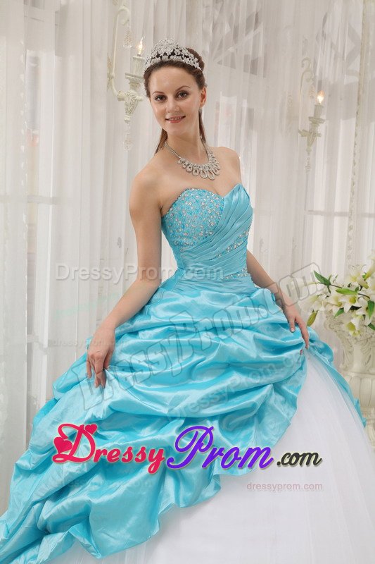Beading and Pick ups Accent Sweet 15 Dresses in White and Aqua Blue