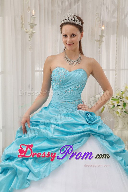 Beading and Pick ups Accent Sweet 15 Dresses in White and Aqua Blue