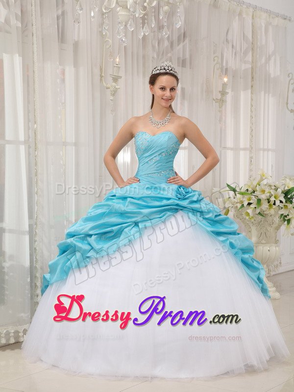 Beading and Pick ups Accent Sweet 15 Dresses in White and Aqua Blue