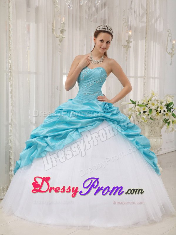 Beading and Pick ups Accent Sweet 15 Dresses in White and Aqua Blue