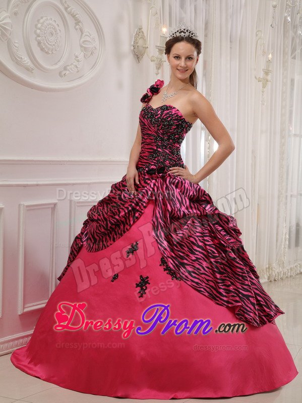 Appliqued Flowery One Shoulder Hot Pink Sweet 15 Dresses Zebra