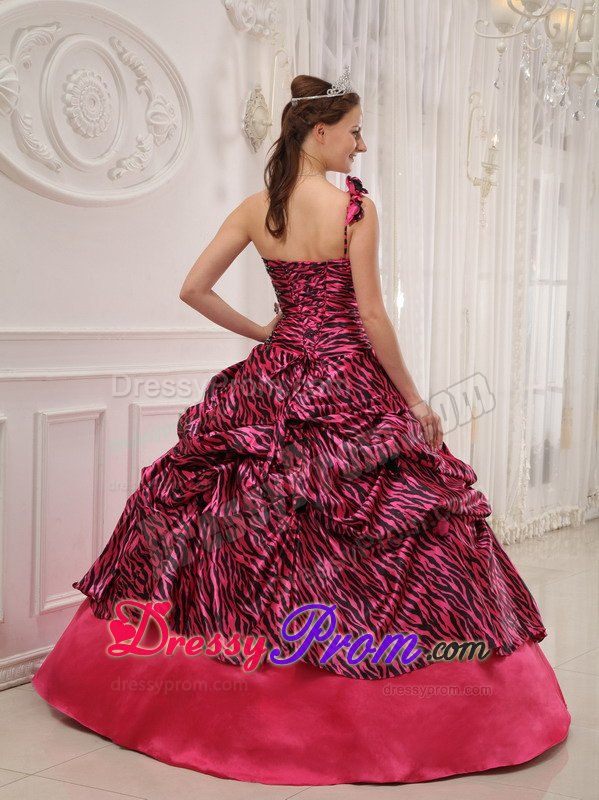 Appliqued Flowery One Shoulder Hot Pink Sweet 15 Dresses Zebra