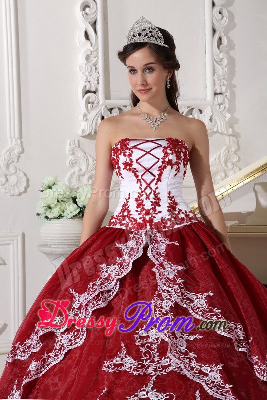 Wine Red and White Organza Sweet 15 Dresses with Appliques 2014