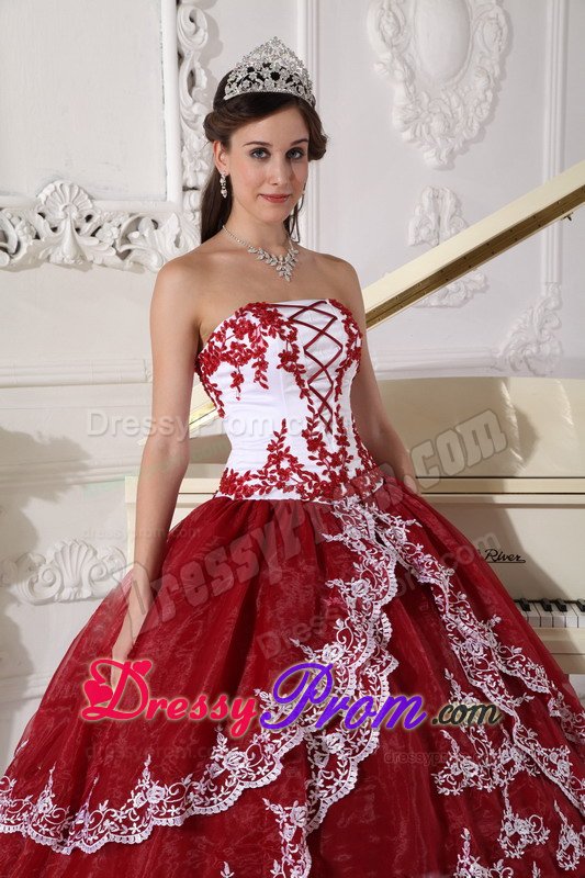 Wine Red and White Organza Sweet 15 Dresses with Appliques 2014