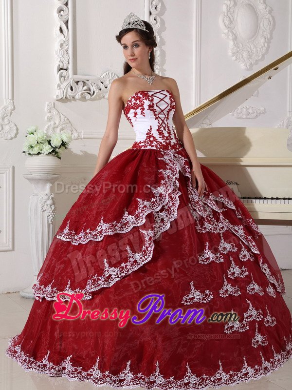 Wine Red and White Organza Sweet 15 Dresses with Appliques 2014