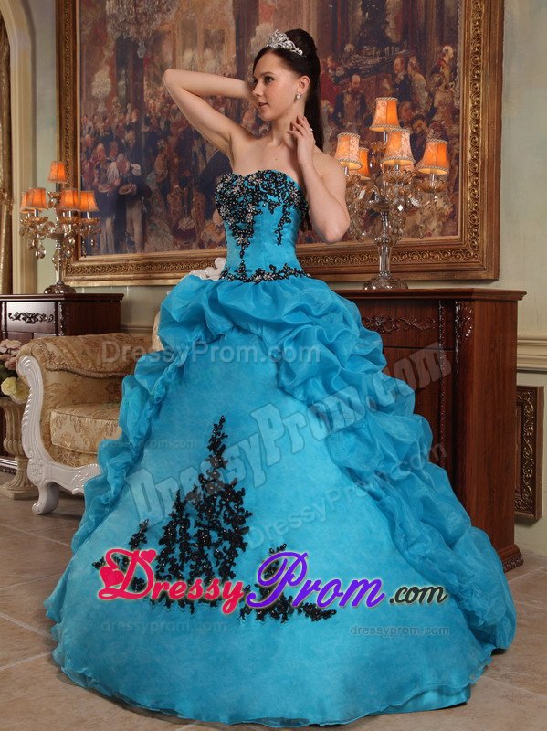 Appliques and Pick ups Accent Blue Sweet 15 Dresses of Organza