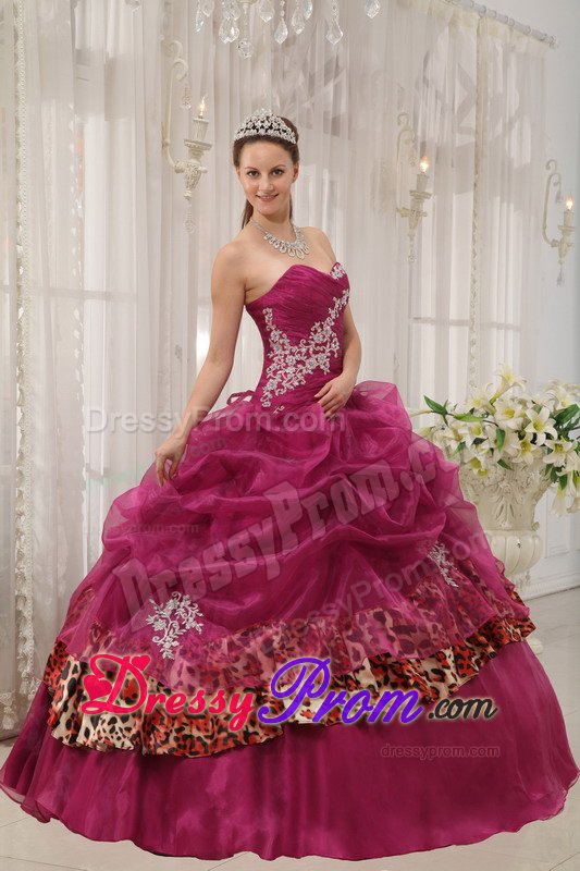 Appliqued Burgundy Sweet 15 Dresses with Pick ups and Leopard Print