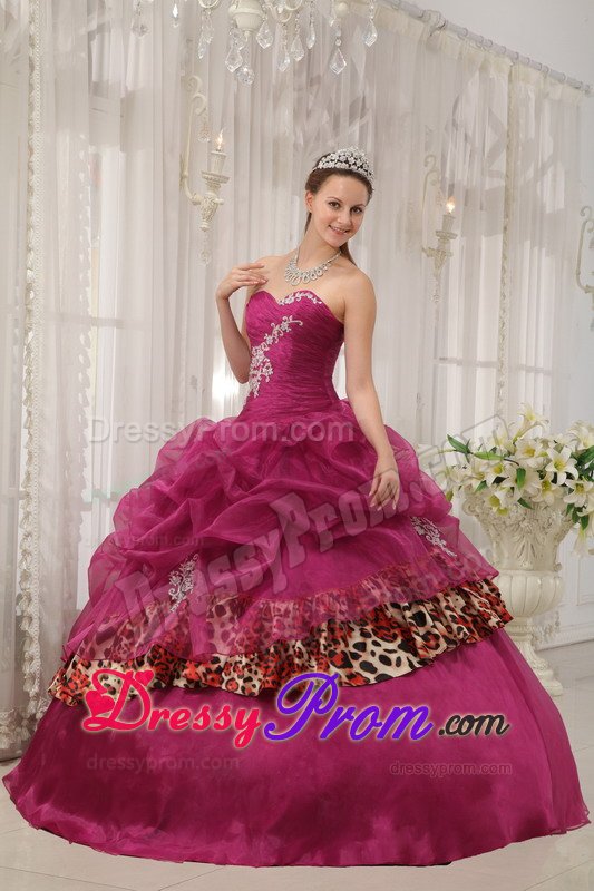 Appliqued Burgundy Sweet 15 Dresses with Pick ups and Leopard Print