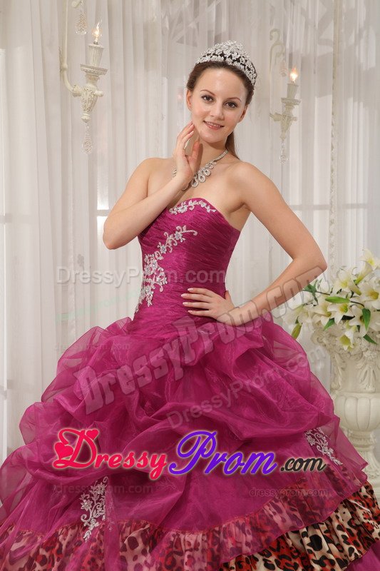 Appliqued Burgundy Sweet 15 Dresses with Pick ups and Leopard Print