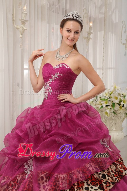 Appliqued Burgundy Sweet 15 Dresses with Pick ups and Leopard Print