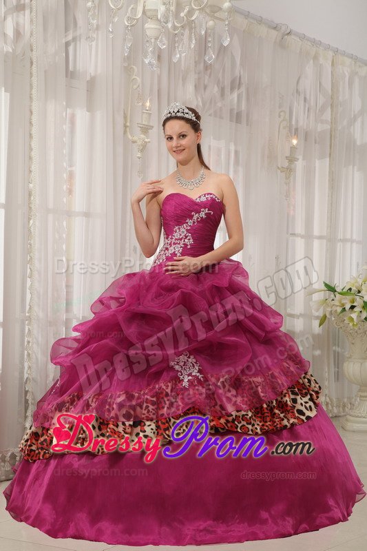 Appliqued Burgundy Sweet 15 Dresses with Pick ups and Leopard Print