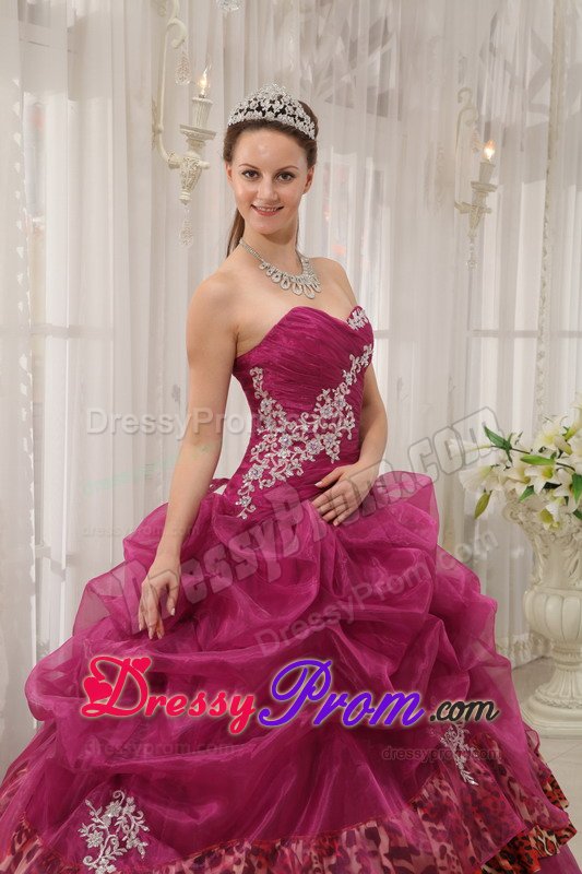 Appliqued Burgundy Sweet 15 Dresses with Pick ups and Leopard Print