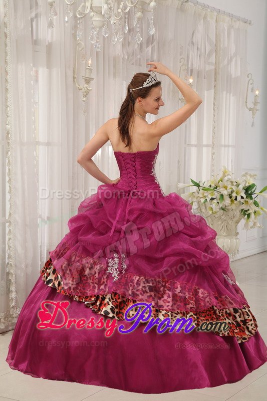 Appliqued Burgundy Sweet 15 Dresses with Pick ups and Leopard Print
