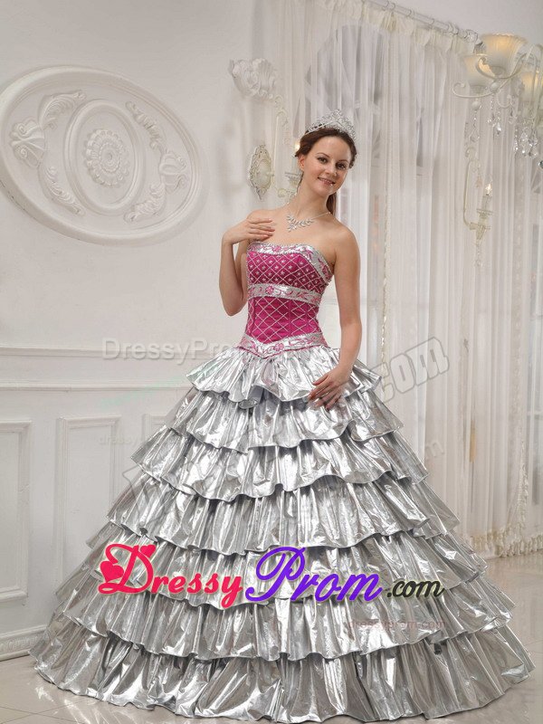 Hot Pink and Silver Sweet 15 Dresses with Beading and Ruffled Layers